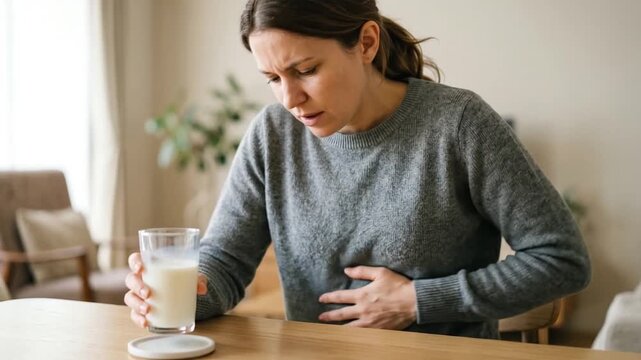 Young woman clutching stomach in pain while holding glass of milk, depicting lactose intolerance.