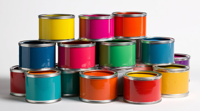 Stacked open paint cans showing glossy saturated colors in studio product shot on white seamless background