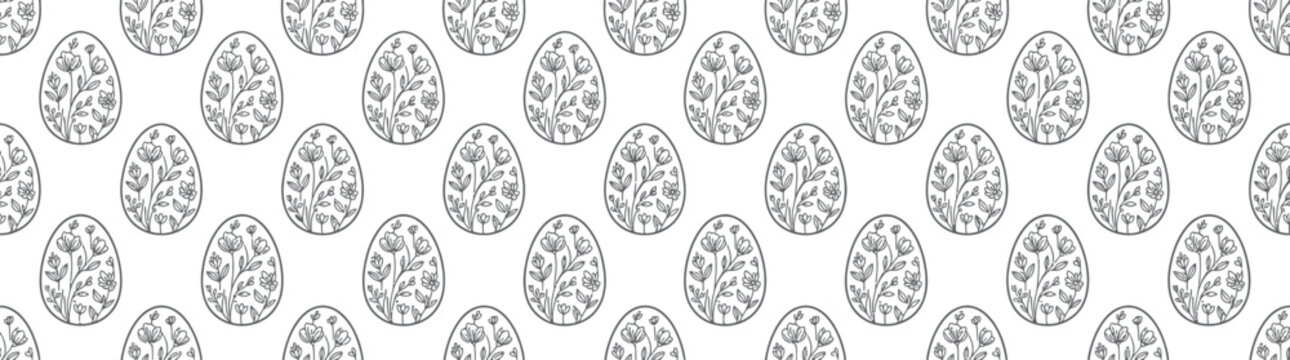 Hand-drawn floral Easter egg pattern, black and white sketch