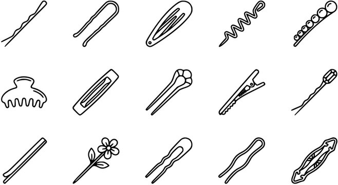 Hair Care Beauty Fashion Accessories Black  White Line Art Vector Icon Set. Collection of Hair Clips, Bobby Pins, Hairpins, and Barrettes Outline Icons.