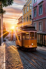 Obraz premium Lisbon tram 28 climbing a historic cobblestone street at scenic sunset, warm light illuminating the city's charm