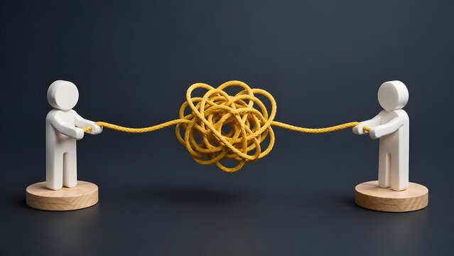 Business conflict resolution concept with two figures pulling tangled yellow rope symbolizing problem solving and negotiation