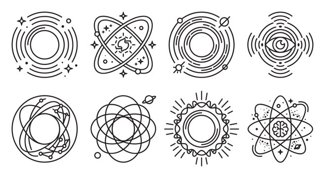 Abstract atom structure with orbiting electrons and nucleus science symbol.