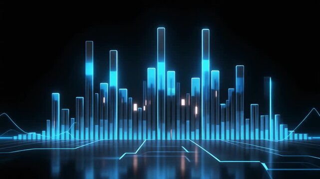 Blue neon digital audio equalizer bars animation. Glowing 3D frequency spectrum pulses on reflective dark floor with circuit line patterns. Futuristic tech motion graphic for sound visualizer clips.