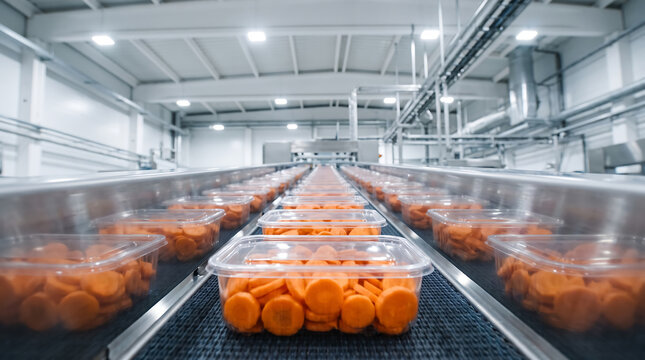 Workers pack orange carrot slices into transparent plastic containers on a conveyor belt in a modern food processing facility with industrial equipment visible