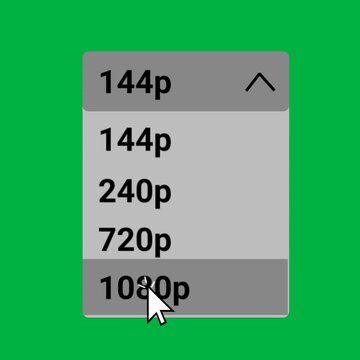 animation showing video resolution selector: opening dropdown menu and switching playback quality from 144p up to 1080p, set on solid green background ready for chroma key editing.