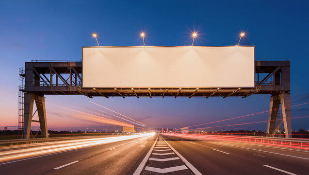 Blank empty billboard mockup over highway at twilight with light trails, outdoor advertising and marketing template with copy space for your design