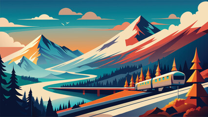 Passenger train traveling through mountain landscape with mountain landscape transport mountains adventure vacation wilderness environment sunlight transportation locomotive coniferous © Joy Dev