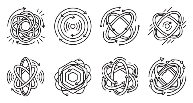 Atomic structure and orbital path diagrams science technology icons.