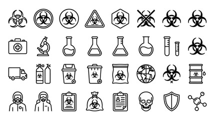 Fototapeta premium Biohazard chemical and laboratory safety black outline icons for research.