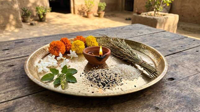 Pitru Paksha, close-up composition of traditional brass offering plate with sesame seeds, rice, sacred kusa grass, clay oil lamp