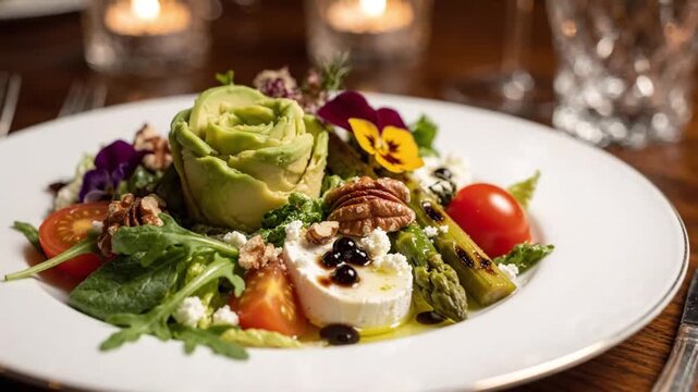 Gourmet Salad with Avocado Rose, Goat Cheese, Asparagus and Edible Flowers on Plate at Restaurant
