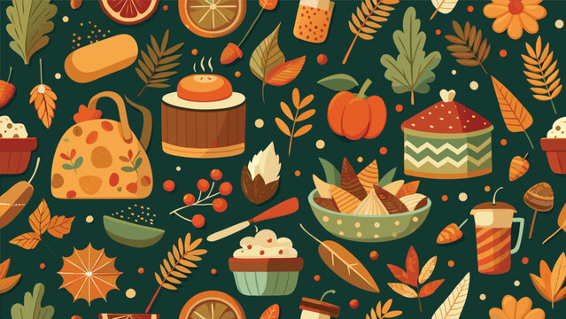 Seamless autumn pattern with thanksgiving food and fall foliage elements thanksgiving seasonal background seamless wallpaper illustration celebration vegetable culinary abstract repeating