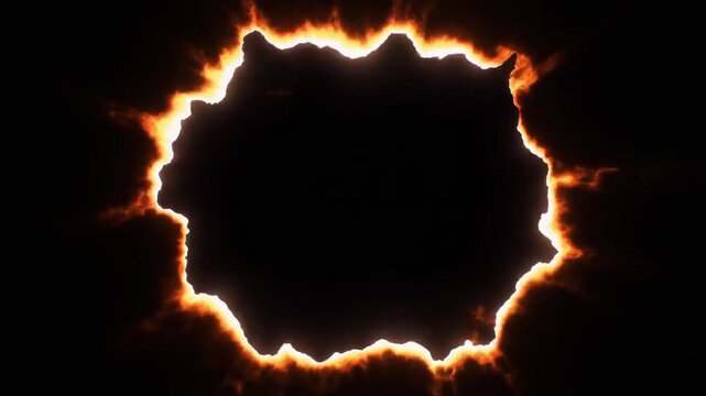 Abstract fire expansion energy burst video. Fiery glowing edges expand from center on black background. Dynamic motion graphics for cinematic intros and sci-fi transitions.