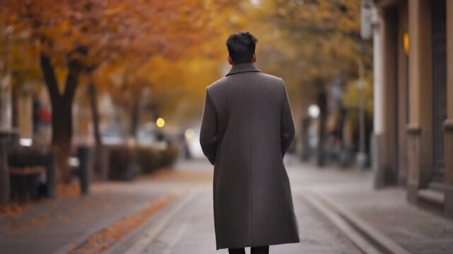 Man in brown overcoat walking down autumn city street video footage. Back view of male figure strolls through urban sidewalk with orange fall leaves. Cinematic b-roll for lifestyle content.