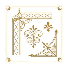 Vintage gold ornamental frame elements, elegant victorian fleur de lis vector set, luxury filigree corner borders for wedding invitations and certificates © Umme