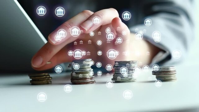 A person uses their hand to touch a stack of coins placed on a table. Bank symbols float above the coins. This scene shows a focus on finance and money management.