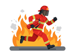 Naklejka premium A brave firefighter runs swiftly with an extinguisher through flames during an emergency rescue operation.