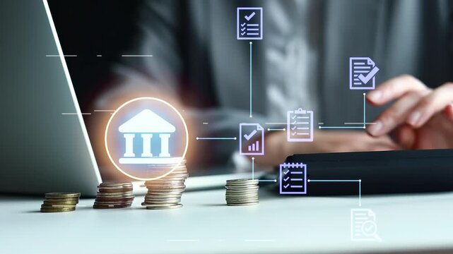 A person works on a laptop at a desk with stacks of coins. There are icons showing checklists and banking symbols above the coins, indicating a focus on financial tasks.