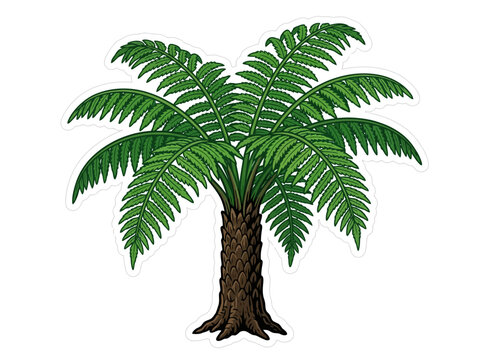 A detailed illustration of a tree fern with a textured brown trunk and lush green fronds radiating outward.
