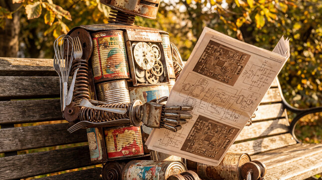 Scrap metal robot built from cans springs kitchen tools reading circuit diagram newspaper on park bench in autumn sunlight representing curious machine intelligence for steampunk art