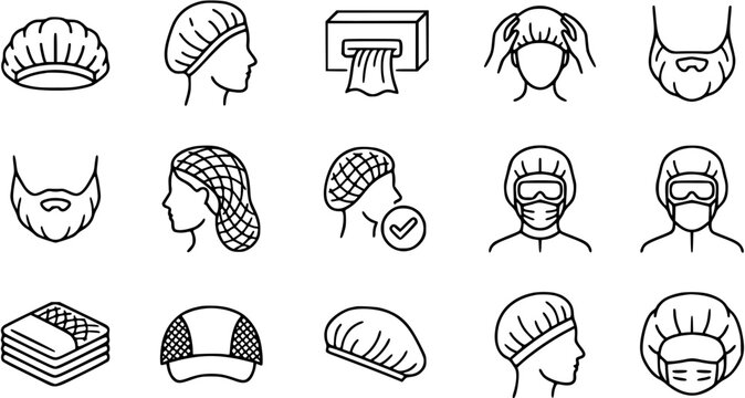 Hygiene and Protection Line Art Icons Set: Hairnets, Beard Nets, Disposable Caps, PPE for Medical, Food  Cleanroom Industries