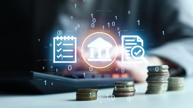 A person uses a calculator while reviewing financial documents. There are stacks of coins on the table. Digital icons show related financial concepts.