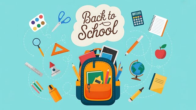 Back to school backpack with various colorful supplies
