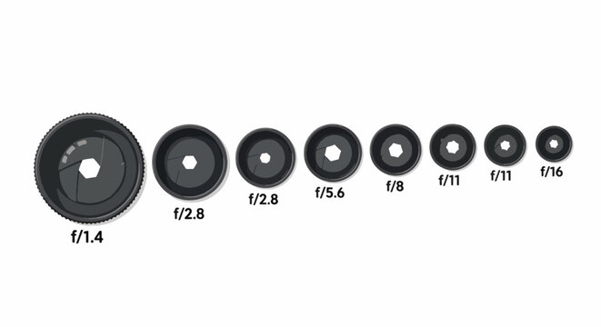Black camera lens aperture settings on white background.