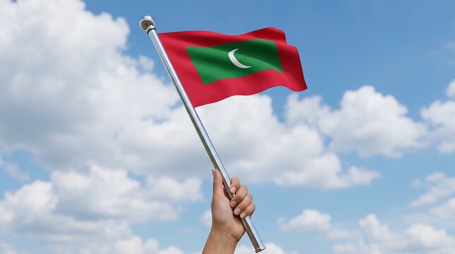 Hand holding Maldives national flag waving on silver flagpole against blue sky and white clouds