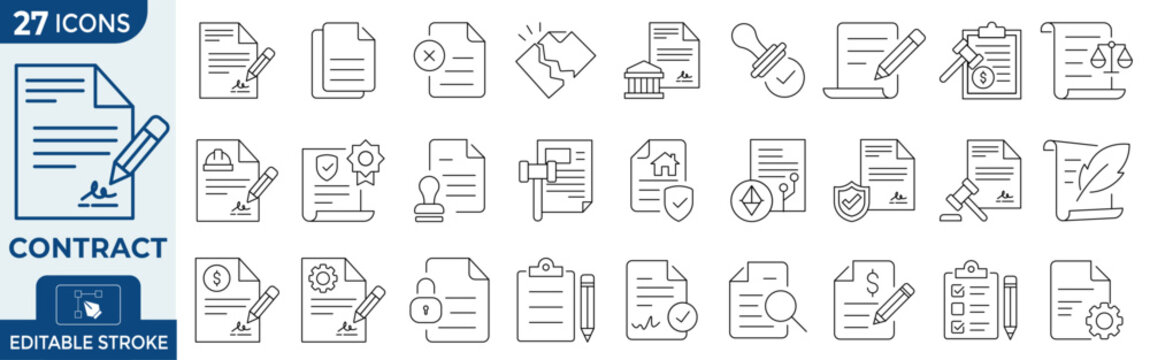 Contract and legal document icon set, 27 line icons for business agreements and law services, editable stroke vector symbols for professional paperwork