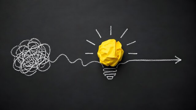 Business strategy innovation concept featuring tangled chalk lines transforming into yellow crumpled paper lightbulb and straight arrow