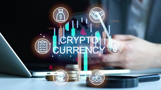 Two hands are holding a smartphone while symbols of cryptocurrency trends and charts are shown on a screen. Coins are placed on the table in front.