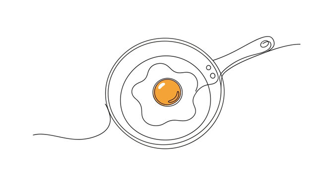 Single Line Drawing of Fried Egg in Frying Pan, Breakfast Concept, Minimalist Art