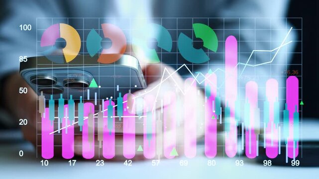 A person is looking at a smartphone while data charts and graphs appear on a screen. The scene shows a workspace focused on business analysis and decision-making.