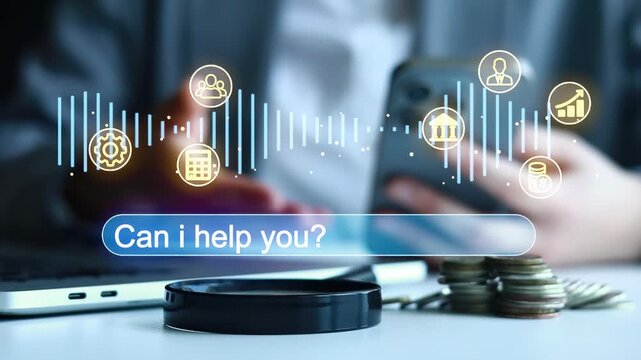 A person uses a smartphone in an office environment while digital icons represent different services. Coins and a laptop are present on the desk.