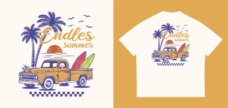 Retro vintage surfer truck with surfboards, palm trees, and sunset illustration. Perfect for summer vacation, beach apparel, t shirt, sticker, poster, and branding designs