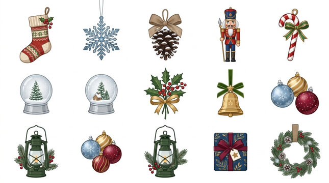 Collection of Christmas Ornaments and Decorations.