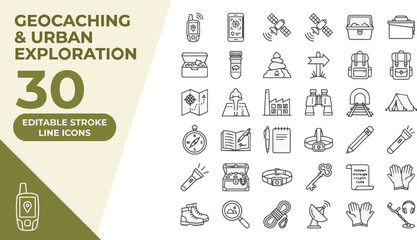 Geocaching and urban exploration outline icon set on transparent background Editable Stroke. © icon_vectors
