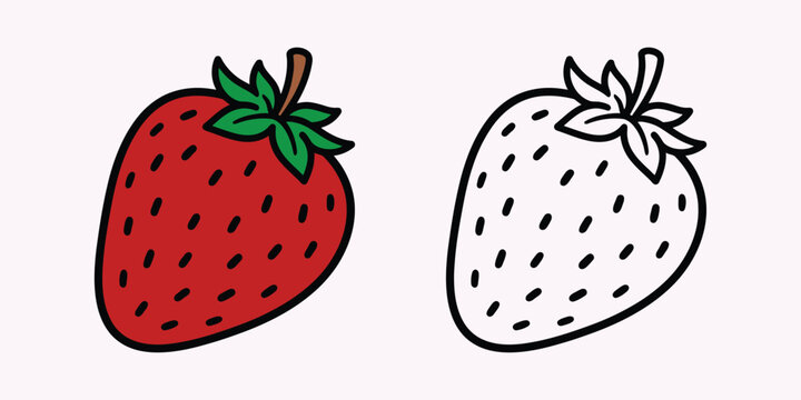 Red strawberry vector illustration with black and white coloring book outline line art