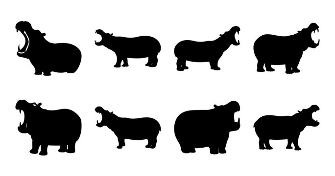 Black silhouette hippopotamus and rhinoceros icons - Minimalist black silhouette vector icons of hippos and rhinos in various poses, perfect for nature, wildlife, or animal-themed projects.
