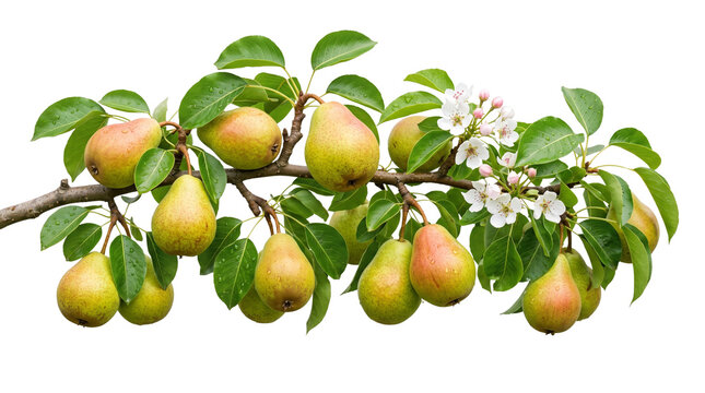 Pear fruit tree branch with many ripe pears and white flowers with green leaves on transparent background.