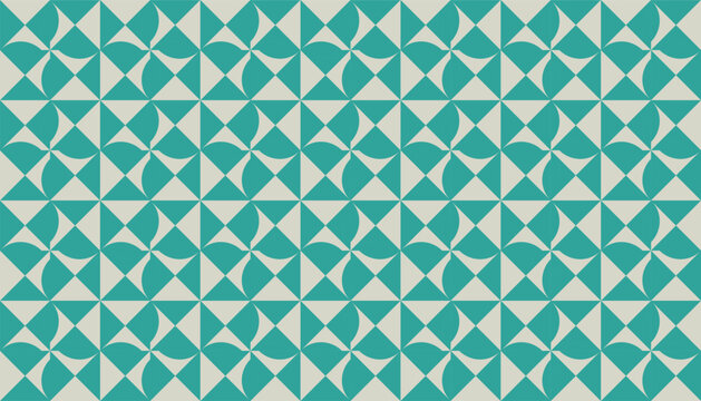 Abstract geometric seamless pattern with teal and light grey pinwheel shapes. Modern quilt mosaic vector background for packaging, interior, and tile design.