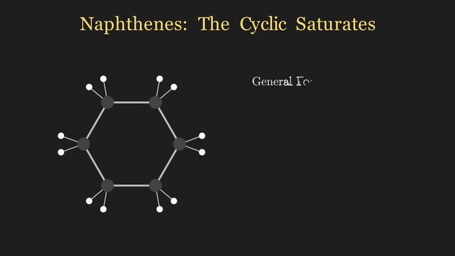 2D chemistry animation demonstrating naphthene molecular structures rotating and floating in crude oil, scientific cycloalkane hydrocarbon simulation.