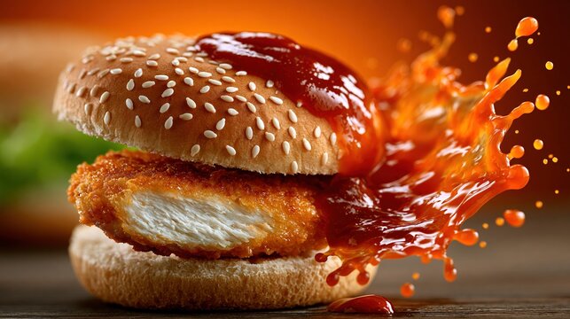 Crispy chicken burger with exploding ketchup splash and warm orange background