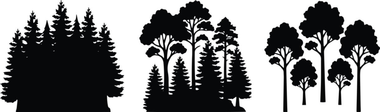 Forest Tree Silhouette Set with Pine and Deciduous Trees, Woodland Landscape Black Vector EPS Collection Isolated on White Background