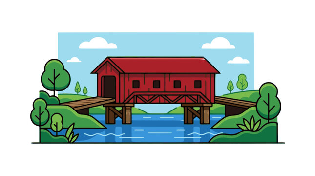 Covered bridge flat vector illustration cute cartoon icon design