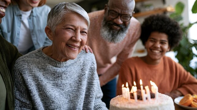 A joyful multi gene nal birthday celeb n featuring an elderly woman smiling beside a cake with lit candles