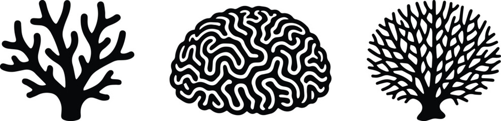 Coral Branch, Brain Coral and Bare Tree Silhouette Set, Black Marine and Nature Vector EPS Collection Isolated on White Background © Irfan