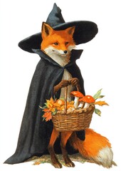 Fototapeta premium Fox in witch hat with basket of mushrooms and leaves.